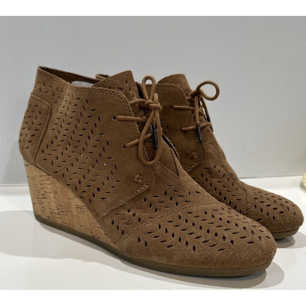 TOMS Boots Womens 12 Suede Ankle Bootie Laser Cut Tan Cork Wedge Shoes